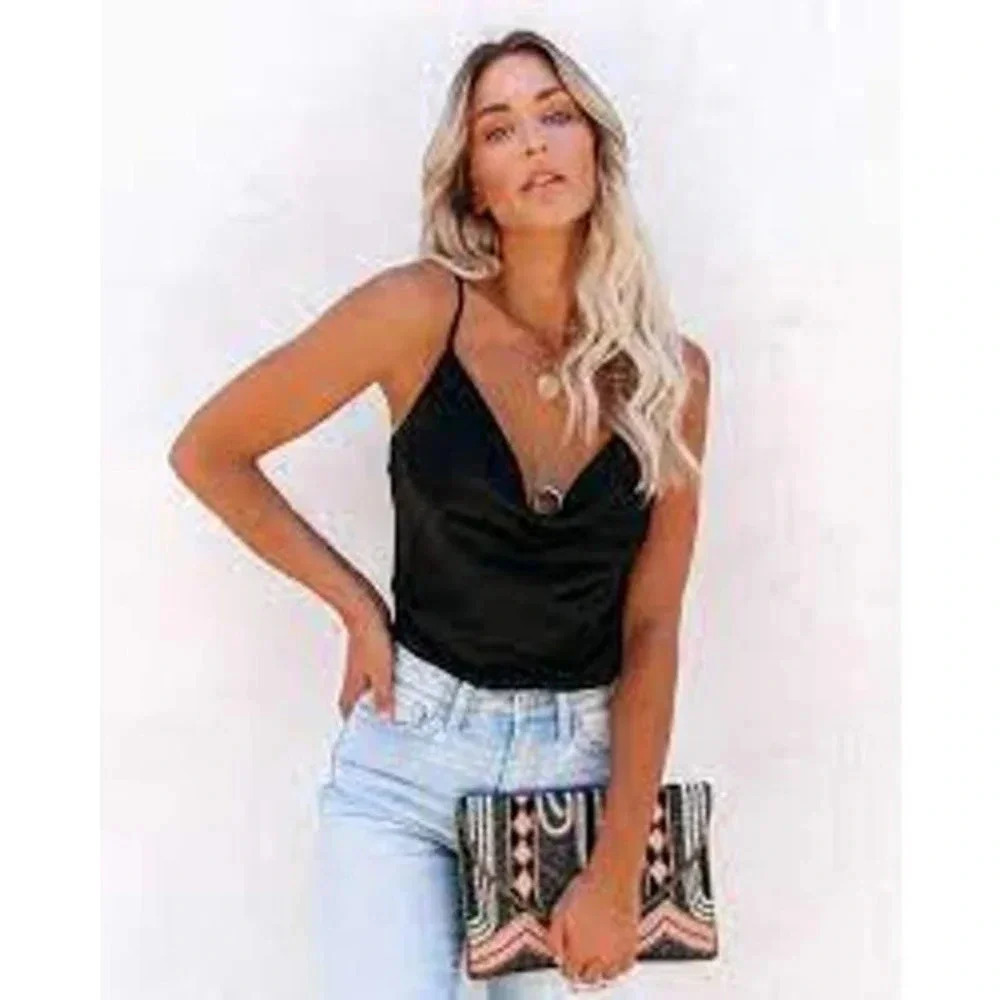 Endless Rose Womens Trisha‎ Satin Cowl Neck Sleeveless Tank Top Black Medium NWT